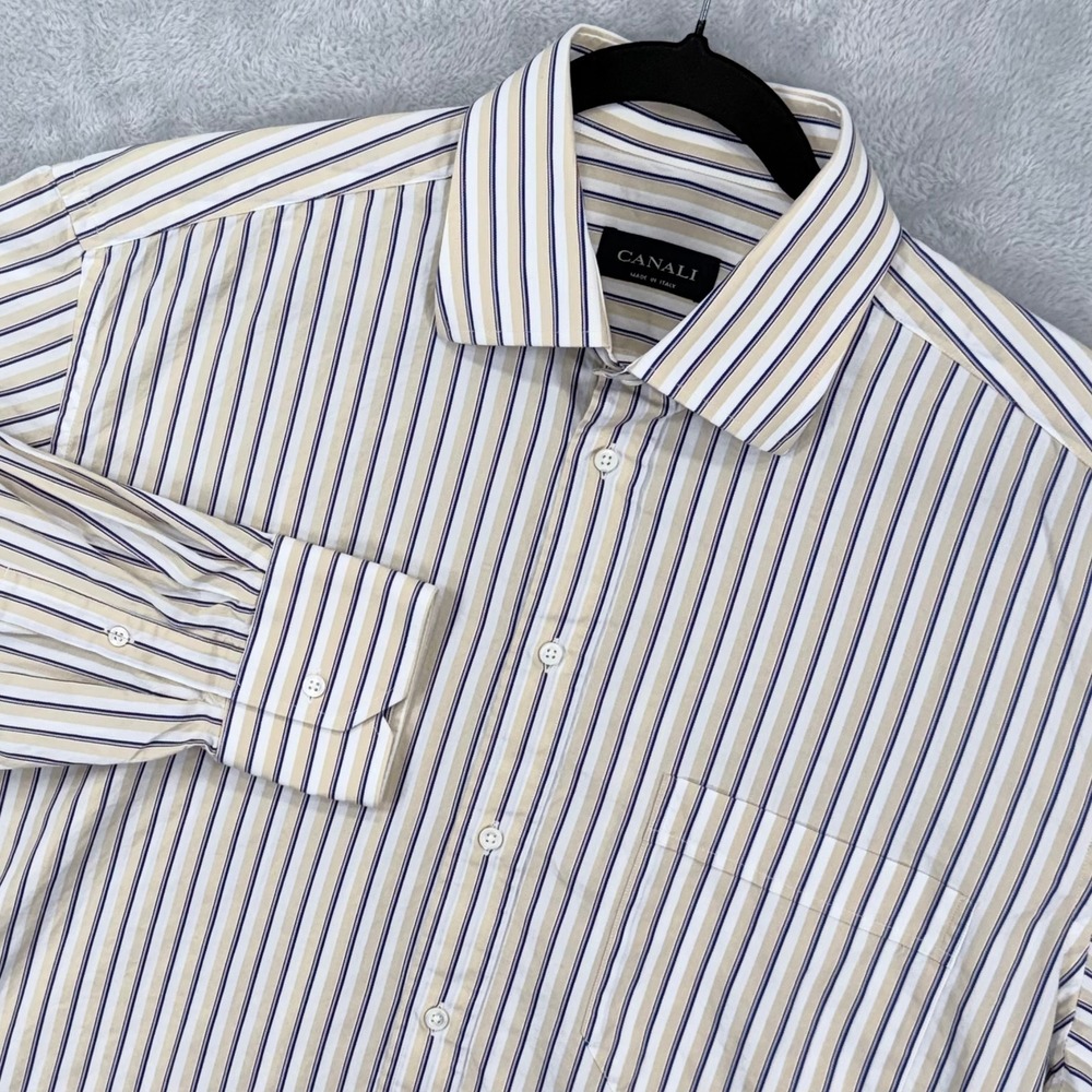 Canali Dress Shirt Mens 16.5 42 Tan Striped Long Sleeve Cotton Button Down Italy